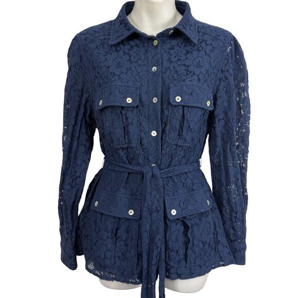 Marla Wynne Collection Navy Lace Sheer Sleeves Belted Button Up Top Blouse sz S - Picture 1 of 16
